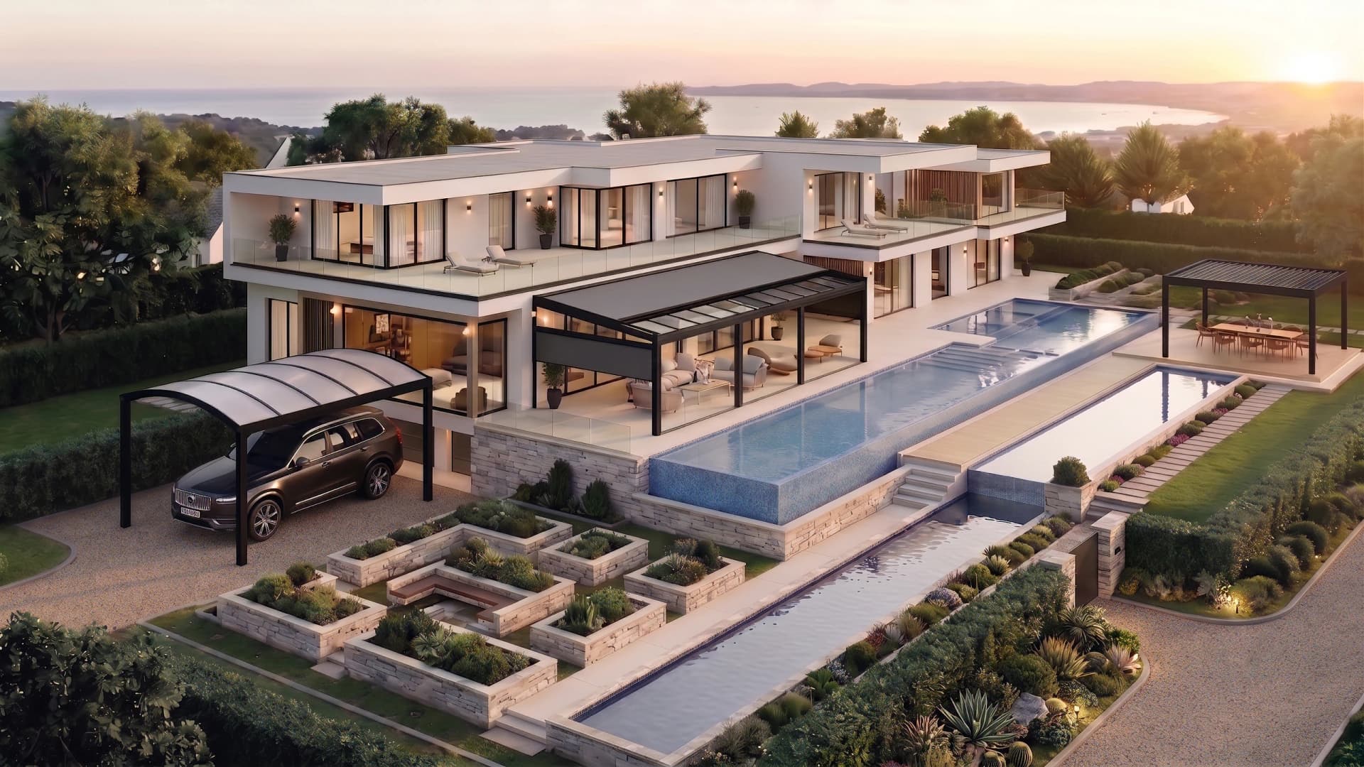 Veranda ve carport sistemleriyle tasarlanmış modern dış mekân yaşam alanı